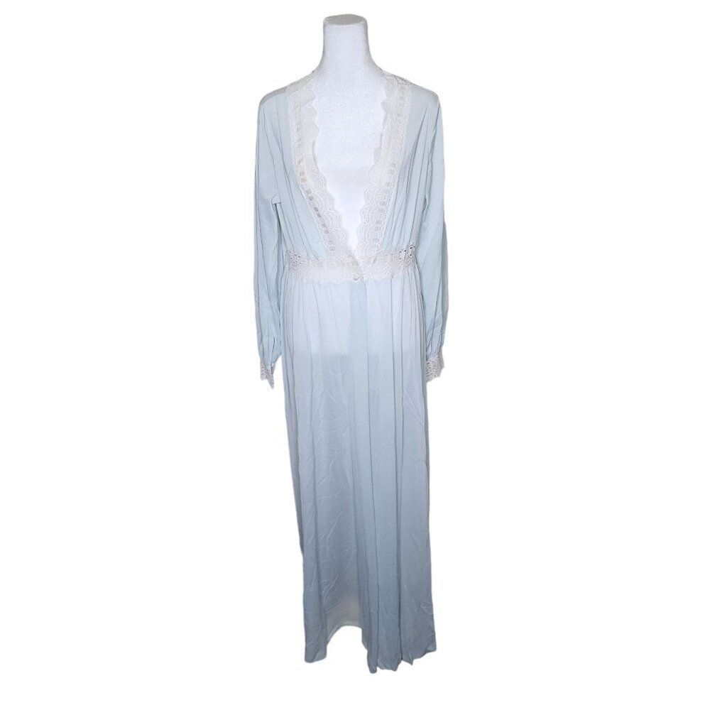 Vintage 70s Olga Peignoir Set Lace Trim Robe Gown Womens Size 36 Blue